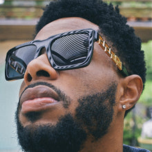 Load image into Gallery viewer, Greek Key Shades with Glossy Black Square Frame & Blue Tint Lenses