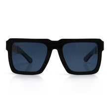 Load image into Gallery viewer, Greek Key Shades with Glossy Black Square Frame & Blue Tint Lenses